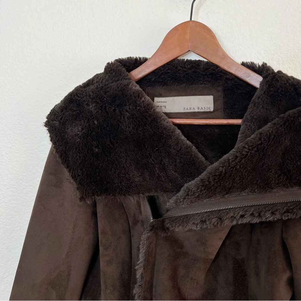 Zara Brown Faux Suede Shearling Coat Size S - Picture 2 of 11